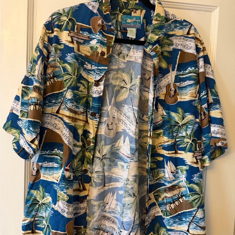 Margaritaville Blue Hawaiian Shirt with Palm trees, guitar & beach